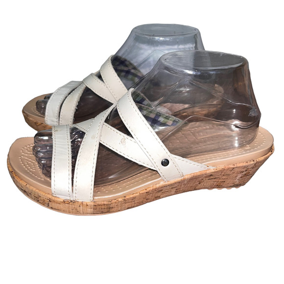 CROCS Shoes - CROCS A-Leigh Mini Wedge Khaki Leather Sandals Sz 8 Strappy Cork Slip on Casual